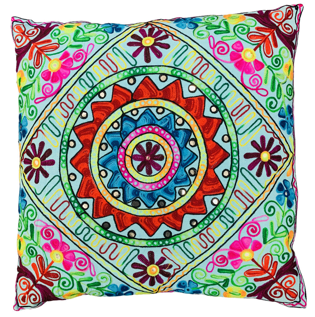 Indian Boho Mandala Cushion Covers Cotton Embroidery Boho 24" x 24" Zip Large