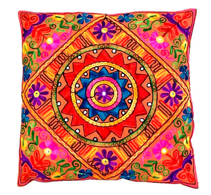 Indian Boho Mandala Cushion Covers Cotton Embroidery Boho 24" x 24" Zip Large