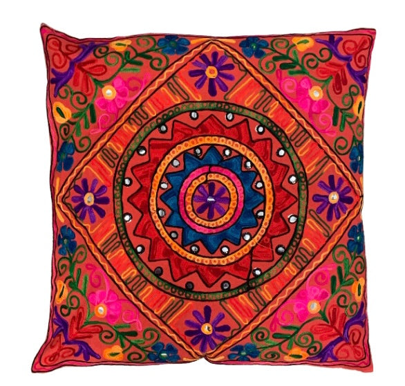 Indian Boho Mandala Cushion Covers Cotton Embroidery Boho 24" x 24" Zip Large