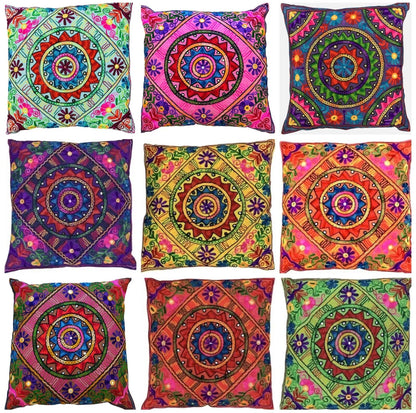 Indian Boho Mandala Cushion Covers Cotton Embroidery Boho 24" x 24" Zip Large